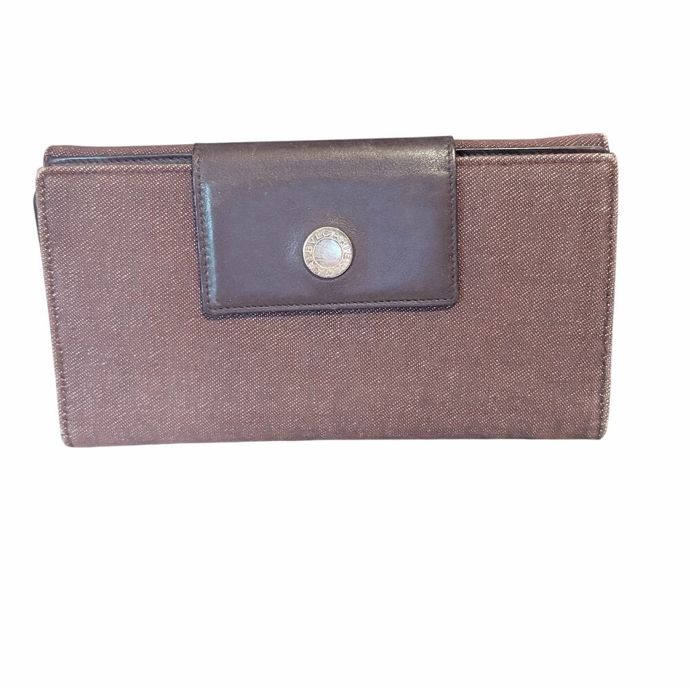 Bvlgari Bulgari Logomania Long Trifold Wallet in Brown Canvas with Gold Snap